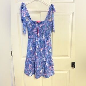 NWT Lilly Pulitzer kailua smocked dress Boca blue  Tie-Shoulder Dress medium